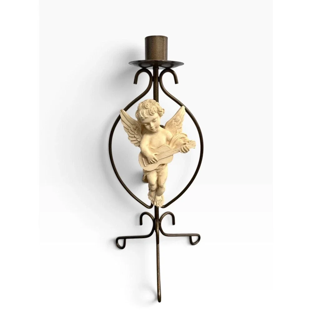 Vintage Musical Cherub Candle Holders x2 Wrought Iron & Resin Angel Candlesticks